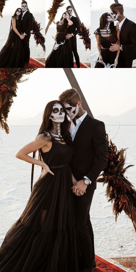 Dark Couples Costume Ideas, Couples Skull Halloween Costumes, Creative Skeleton Costume, Skeleton Halloween Photoshoot, Skeleton Bride And Groom Costume, Skeleton Costume Couples, Skeleton Makeup Couple, Couples Skeleton Costume, Couple Skull Makeup