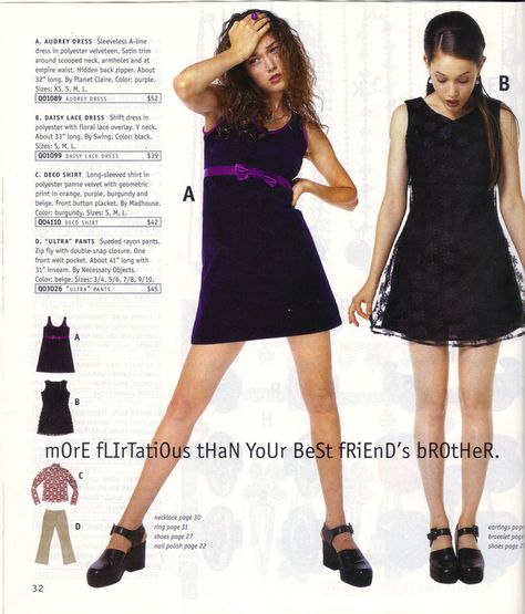 Empire waist dresses from Cher Horowitz’s lower priced, discount closet. | 16 Things Teen Girls Wore In The Winter Of 1996 90s Fashion Catalog, 1996 Fashion, 90s Teen Fashion, Empire Waist Dresses, 1990s Fashion Trends, 2000s Fashion Trends, 1990s Fashion, Fashion Catalogue, 2000s Fashion