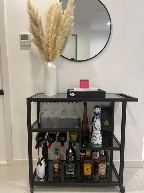 Apartment For Men Decor, Mini Bar Home Ideas, New Home Ideas On A Budget, Small Mini Bar Ideas Apartments, Wine Cart Ideas Small Spaces, Black Bar Cart Decor, Modern Bar Cart Ideas, Bar Cart Aesthetic Modern, Men’s Bar Cart Ideas