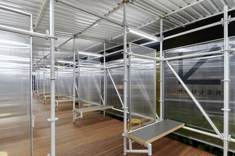 Gallery of St. Carolus Hospital Screening Facility / AT-LARS - 4 Scaffolding Design, Temporary Architecture, Emergency Shelter, Natural Ventilation, Partition Wall, Architecture Office, Scaffolding, Booth Design, Cafe Interior