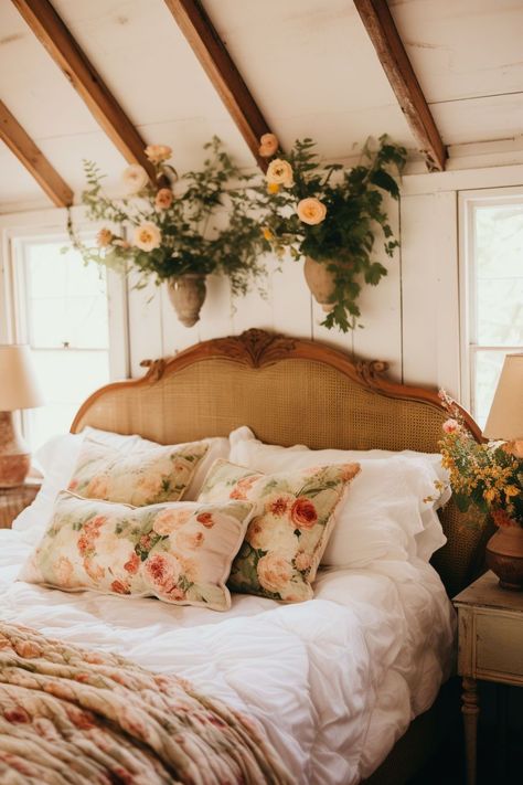 Cottagecore bedroom ideas focus on creating a cozy and rustic atmosphere with a touch of nostalgia. To decorate a cottagecore bedroom, consider incorporating soft, floral patterns, vintage furniture, and natural elements like wood and dried flowers. Embrace a mix of handmade and repurposed items to evoke a sense of simplicity and warmth in the space. Cottagecore Bedrooms, Floral Patterns Vintage, Cottagecore Bedroom Ideas, Cottagecore Bedroom, Everyday Decor, Rustic Aesthetic, Country Vintage, Apartment Bedroom, Cottage Bedroom