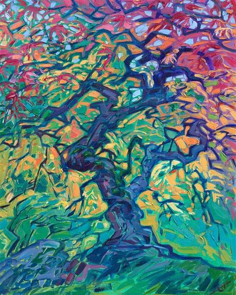 The famous maple tree in Portland's Japenese Gardens is probably the most photographed tree in all of the northwest. As a new northwesterner myself, I had to paint this beautiful tree. The green underpainting makes the yellows and reds of the foliage come alive. Big Tree Painting, Fantasy Tree Drawing, Colorful Tree Painting, Tree Painting Abstract, Blooming Tree Painting, Abstract Tree Art, Painted Trees, Red Maple Tree, Portland Japanese Garden