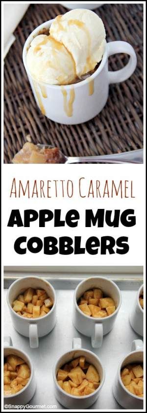 Amaretto Caramel Apple Mug Cobblers recipe - easy homemade dessert baked in mugs. SnappyGourmet.com Microwave Sweets, Cobbler In A Mug, Confectionary Recipes, Dessert In A Mug, Cobbler Recipes Easy, Easy Homemade Desserts, Lemon And Coconut Cake, Slushie Recipe, Caramel Ice Cream