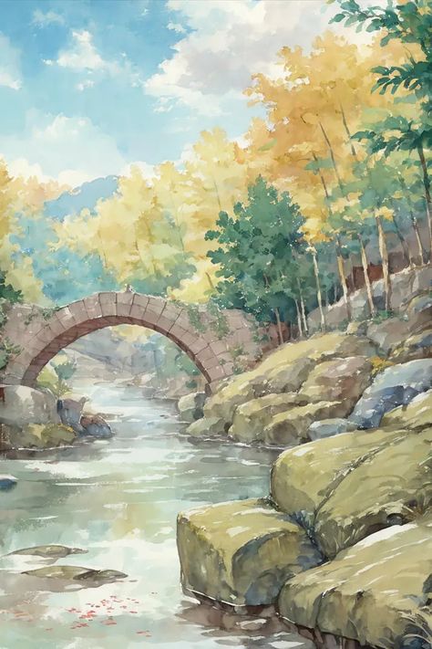 The image is a watercolor painting of a stone bridge over a river. The bridge is in the middle of a forest and is surrounded by trees. The trees are in the fall season, and their leaves are turning yellow and orange. The river is flowing under the bridge, and there are some rocks in the river. The sky is blue, and there are some clouds in the sky. There is a small waterfall to the left of the bridge. Forest With River, Clouds In The Sky, Under The Bridge, Stone Bridge, Small Waterfall, Autumn Forest, In The Fall, The Bridge, Stables