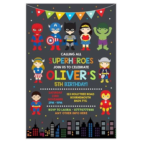 Personalised Superhero Birthday Party Invitations, Superheroes Party Invites Boys Girls | PACK OF 10 WITH ENVELOPES : Amazon.co.uk: Handmade Products Superhero Party Invitations, Superhero Birthday Party Invitations, Boy Party Invitations, Superheroes Party, 25th Birthday Parties, All Superheroes, Superhero Birthday Party, Girl Superhero, 25th Birthday