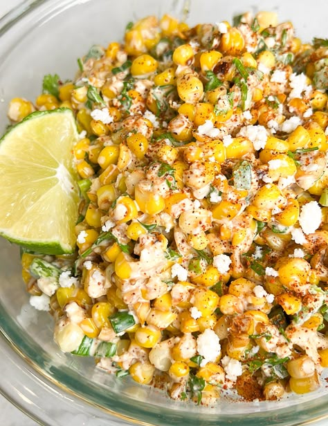 The Best Street Corn Salad Corn Esquites, Street Corn Salad, Mexican Corn Salad, Creamy Peas, Corn Taco, Chili Lime Seasoning, Mexican Street Corn Salad, Chicken Snacks, Japanese Minimalist