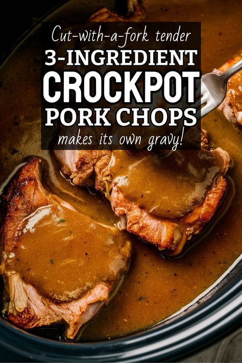 Crockpot Pork Chops Slow Cooker Dump Dinner only few ingredients cheap easy dinner and slow cooker meals - simple recipe with soup and ranch makes own gravy serve with creamy potatoes - meal planning, crockpot meals pork chops, slow cooker recipes, ranch pork chops crock pot Crock Pot Pork Meals, Pork Chop Dinner Ideas Crock Pots, Pork Chop And Potatoes Crock Pot Recipes, Healthy Crockpot Recipes Pork Chops, Smothered Pork Chops Crock Pot Crockpot, Crock Pot Pork Chops Bbq, Gravy Pork Chops Crock Pot, Slow Cooker Pork Chop Meals, Pork Chops With Gravy Crock Pots