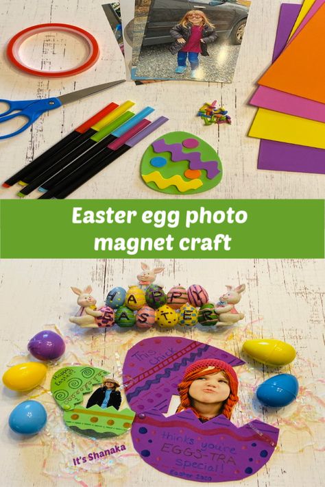 Easter Egg Photo Magnet Craft to do with the kids #OTCEaster #orientaltrading #OTCHipHopSquad #sponsored Easter Craft With Picture, Easter Picture Craft, Easter Gifts For Parents From Preschoolers, Easter Craft With Kids Picture, Egg Carton Bunny Portrait, Plastic Eggs Activities, Easter Egg Photo, Picture Magnets, Egg Pictures