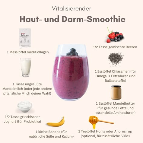 Vitalisierender Haut- und Darm-Smoothie Zutaten: - 1/2 Tasse gemischte Beeren - 1 Messlöffel mediCollagen - 1 Esslöffel Chiasamen (für Omega-3-Fettsäuren und Ballaststoffe) - 1 Tasse ungesüßte Mandelmilch (oder jede andere pflanzliche Milch deiner Wahl) - 1 Esslöffel Mandelbutter (für gesunde Fette und essentielle Aminosäuren) - 1/2 Tasse griechischer Joghurt (für Probiotika) - 1 kleine Banane (für natürliche Süße und Kalium) - 1 Teelöffel Honig oder Ahornsirup (optional, für zusätzliche Sü... Diy Smoothies, Heath Food, Healthy Breakfast Snacks, Cooking Club, Green Drinks, Good Eat, Breakfast Snacks, Smoothie Shakes, Slow Food