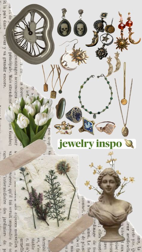 jewelry inspo for ppl like me who want to feel like fairies 🧚🏻🪐🤍 #fairycore #goblincore #jewelry #jewelryinspo #necklaces #earrings #rings #gold #silver #green #aesthetic #vintage Green Aesthetic Vintage, Goblincore Jewelry, Goblin Core, Rings Gold, Earrings Rings, Fairy Core, Jewelry Inspo, Aesthetic Vintage, Green Aesthetic