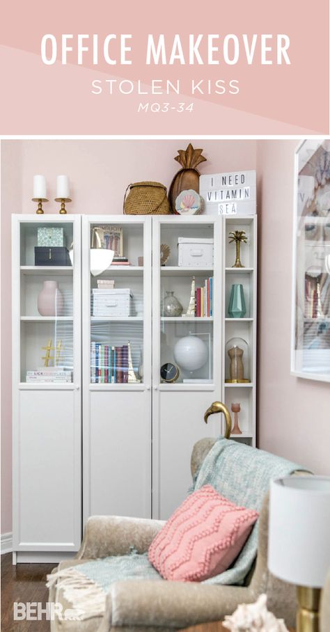 This DIY home office makeover from Christine, of Amidst the Chaos, is full of fun and funky retro vibes. Christine combined the blush pink hue of Stolen Kiss by BEHR Paint with white, gold, and blue accents to create a glamorous color palette. Read the rest of Christine’s article to learn more about this room transformation. Paint Colors Pink, Home Office Paint Colors, Home Office Paint, Behr Marquee Paint, Stolen Kiss, Diy Home Office, Home Office Makeover, Office Paint Colors, Office Paint