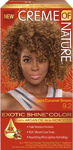 9.2 Light Caramel Brown Exotic Shine Hair Color | Creme of Nature Light Caramel Brown Hair Black Women, Light Caramel Hair Color, Caramel Brown Hair Black Women, Creme Of Nature Hair Color, Light Caramel Hair, Girls Highlights, Light Caramel Brown, Caramel Hair Color, Hair Dye Brands