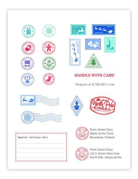 Elf Arrival Package "Mailing Labels" - mock labels from the North Pole you can print, cut, and glue on to your elf arrival package. Elf On The Shelf Mail Arrival, Elf On The Shelf Package Arrival, Elf On The Shelf Arrival Package, Elf Delivery Ideas, Elf Arrival Package, Elf Mail Free Printable, Elf On The Shelf Arrival Envelope, Elf On The Shelf Special Delivery Printable, Elf Special Delivery Printable