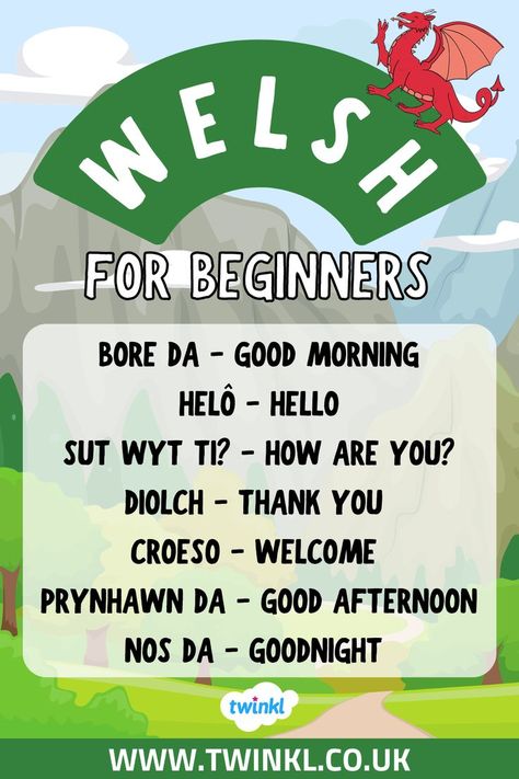 Common Welsh phrases and words for beginners on a background of illustrated mountains. Welsh Language Learning, Welsh Words And Meanings, Beaver Activities, Learning Welsh, Welsh Phrases, Learn Welsh, Welsh Words, Welsh Language, Words And Phrases