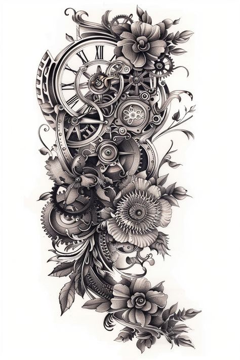 #tattoo #tattoos #tattooart #tattoodesign #tattoodesign #tattoogirl  #tattoosleeve #tattooflower Clock And Gears Tattoo Design, Steam Punk Clock Tattoo, Steampunk Flower Tattoo, Steampunk Compass Tattoo, Steampunk Clock Tattoo, Gears Tattoo Design, Clock Gears Tattoo, Steampunk Tattoos For Women, Gear Tattoo Design