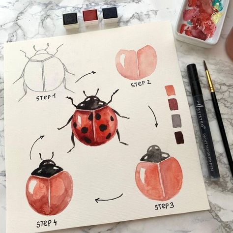 Ladybug Watercolor Paintings, Watercolor Beginner Step By Step, Water Colour Painting Beginner, Cute Watercolor Ideas, Watercolor Ideas Easy, Watercolour Drawing Ideas, Water Colors For Beginners, Watercolor Marker Art, Watercolor Ideas For Beginners