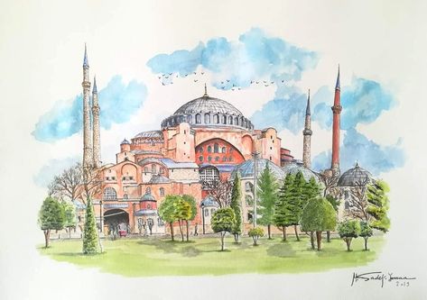 Hagia Sophia_Watercolor by Mohamad Sadek Jomaa Hagia Sophia Sketch, Istanbul Sketch, Turkey Sketch, Museum Sketch, Watercolor Cities, Turkey Watercolor, Cities Illustration, Watercolor Turkey, Yoga Art Painting