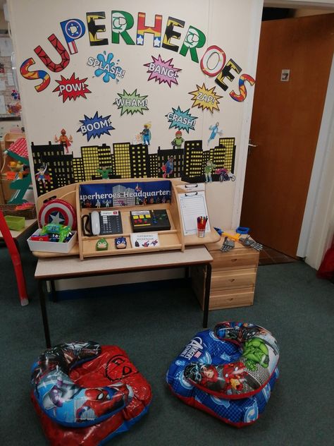 Superhero Dramatic Play Preschool, Superhero Loose Parts, Superhero Dramatic Play Center, Superhero Dramatic Play, Superhero Role Play Eyfs, Superhero Provision Eyfs, Superhero Role Play Area, Superhero Early Years Activities, Superhero Provocation