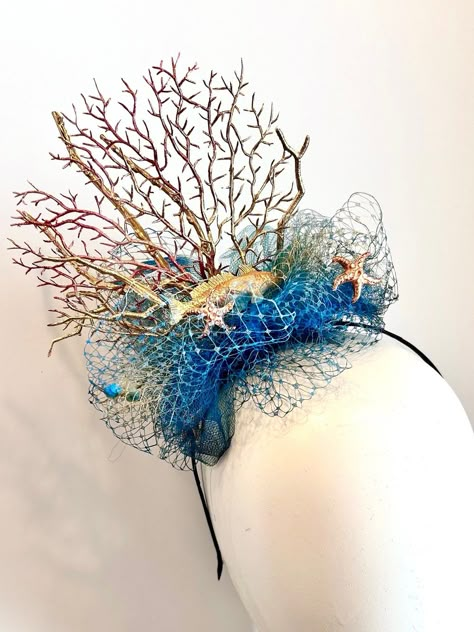 Coral Costume Diy, Coral Reef Headpiece, Ocean Headpiece, Under The Sea Costumes Diy, Ocean Theme Costume, Coral Headpiece, Gold Crown Headband, Under The Sea Costumes, Crazy Hair For Kids