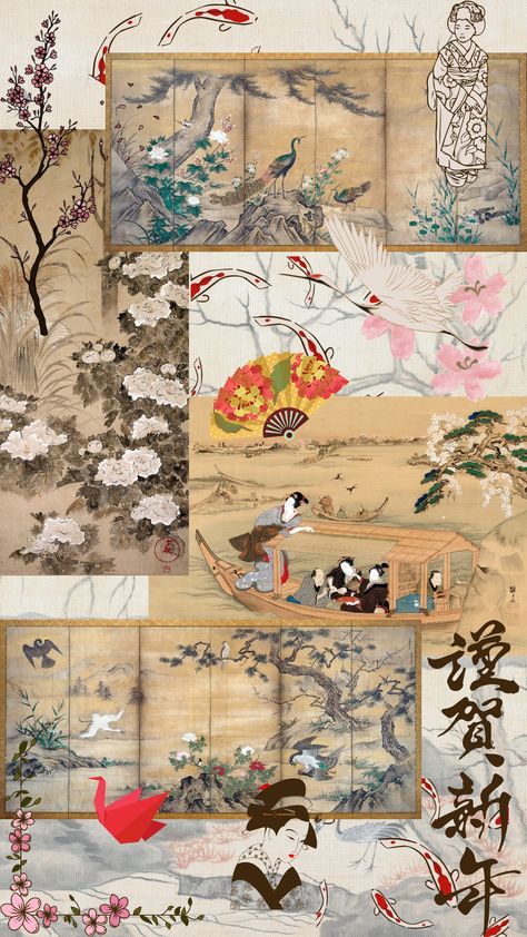 Chinese Moodboard Aesthetic, Traditional Korean Art Aesthetic, Japanese Aesthetic Culture, Japanese Scrapbook Ideas, Japanese Moodboard Aesthetic, Traditional Japanese Art Aesthetic, Japan Moodboard Aesthetic, Japanese Collage Art, Japanese Journal Aesthetic