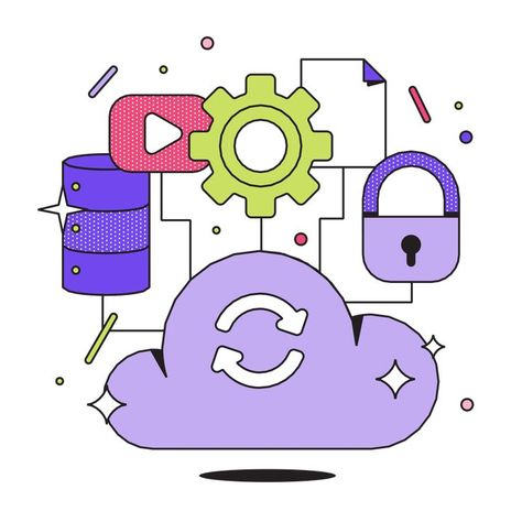 Data Protection Illustration, Data Security Illustration, Software Illustration, Data Illustration, Lines Drawing, Cloud Illustration, Cloud Icon, Cloud Data, Security Lock