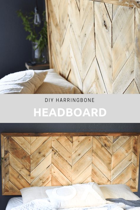 House Headboard, Diy Pallet Headboard, Play Kitchen Diy, Headboards Ideas, Bedroom Headboards, Herringbone Headboard, Home Decor Budget, Pallet Wood Headboard, Diy Headboard Wooden