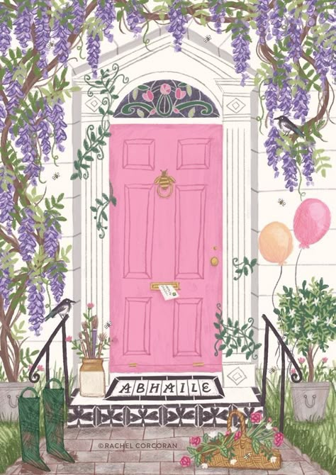 Illustration Art Iphone Wallpaper, Easy Vintage Paintings, Illustration Kunst, Pink Door, House Illustration, Arte Sketchbook, الرسومات اللطيفة, Illustration Inspiration, Siena