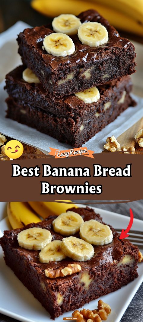 Experience the best of both worlds with our Banana Bread Brownies. This hybrid dessert combines the moist, cake-like texture of banana bread with the rich, chocolatey goodness of brownies. #BananaBreadBrownies #HybridDessert #SweetTreats Banana And Chocolate Cake Recipe, Best Banana Bread With Chocolate Chips, Brownie Mix And Bananas, Banana Bread With Chocolate, Banana Peanut Butter Brownies, Banana Bread Brownie, Brownie Banana Bread, Banana Bread Brownies Recipe, Dessert Recipes With Bananas