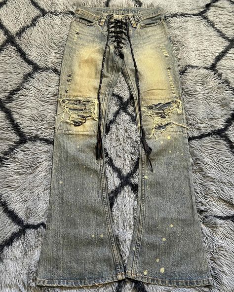 buyselldm | If Six Was Nine Mud Max Pierced Lace-Up Jeans •Gently Used •Size: 28x32 •From Japanese label IfSixWasNine, the sister brand to LGB. These… | Instagram Ifsixwasnine Jeans, If Six Was Nine Fashion, Adara Sanchez, Pants Inspiration, Style Alt, Custom Pants, If Six Was Nine, Mudd Jeans, Clothes Wishlist