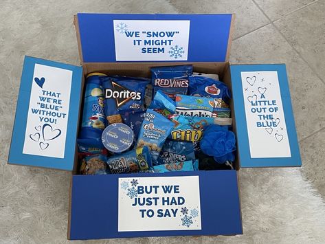 Winter Care Package Ideas, Winter Care Package, Something Out Of The Blue, Christmas Care Package, Jolly Ranchers Candy, Care Package Ideas, Blue College, Winter Care, Snow Theme