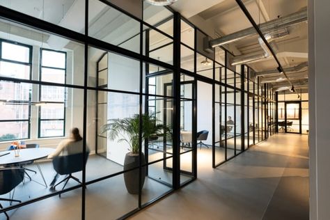 Office With Glass Partition, Industrial Modern Office, Warehouse Office Design, Industrial Style Office, Open Office Layout, Industrial Office Space, Glass Wall Office, Warehouse Office, Industrial Office Design