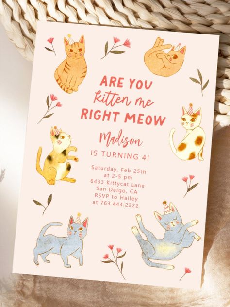 Are You Kitten Me Cat Birthday Invitation Fun cat themed birthday party invitation featuring illustration of cute cats with party hats and pink flowers. The text says "are you kitten me right meow! #birthday #happybirthday #birthdaycards #birthdayparty #4thbirthday #zazzle Cat And Dog Birthday Party For Kids, Cat Adoption Party, Cat Birthday Invitations, Kitten Birthday Party, Cat Themed Parties, Cat Themed Birthday Party, 2nd Birthday Party For Girl, Kitten Birthday, Birthday Party Design