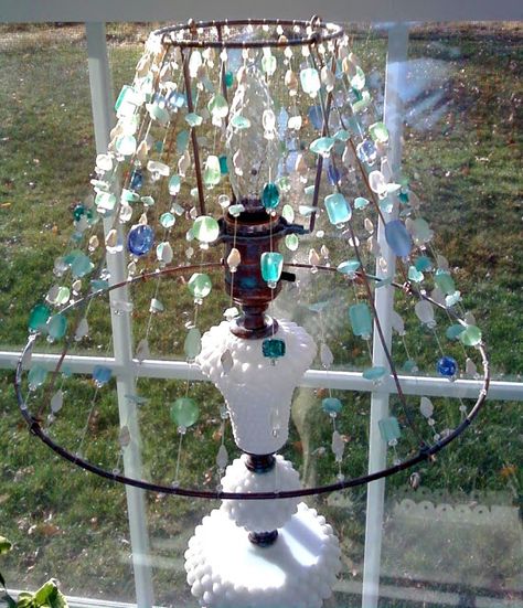 Hobnail Milk Glass Lamps, Part 2 – Shades | Frou FruGal Old Lamp Shades, Luminaire Original, Creative Lamp Shades, Beaded Lampshade, Beaded Lamps, Milk Glass Lamp, Lampshade Makeover, Old Lamps, Beach Diy