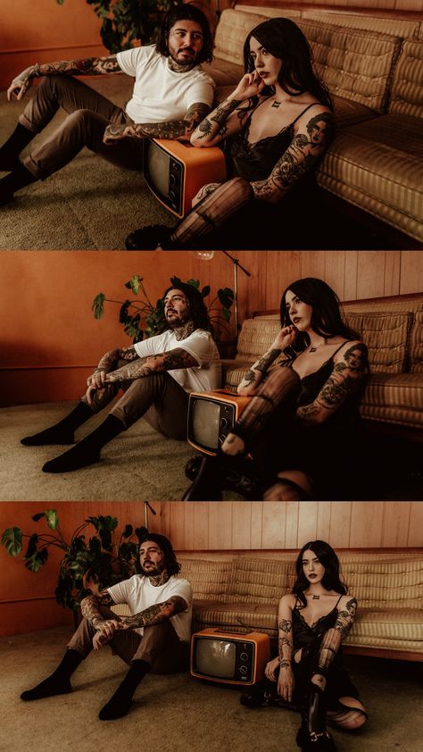 Phoenix Tattooed Couple Engagement |  couple line tattoo ideas Rock And Roll Family Photoshoot, Graffiti Engagement Photos, Couple Line Tattoo, Alternative Family Photoshoot, Grunge Family Photoshoot, Alternative Family Photos, Grunge Couple Photoshoot, Alternative Couple Photoshoot, Alt Engagement Photos