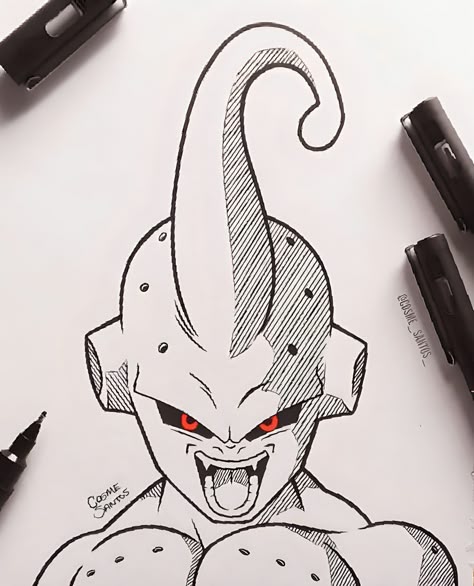 Drawing Ideas Dragon Ball Z, Anime Drawing Dragon Ball, Majin Buu Sketch, How To Draw Dragon Ball Z Characters, Dragon Ball Artwork Drawing, Dragonball Z Drawing, Dragon Ball Super Drawings, Kid Buu Drawing, Dragon Ball Z Sketch