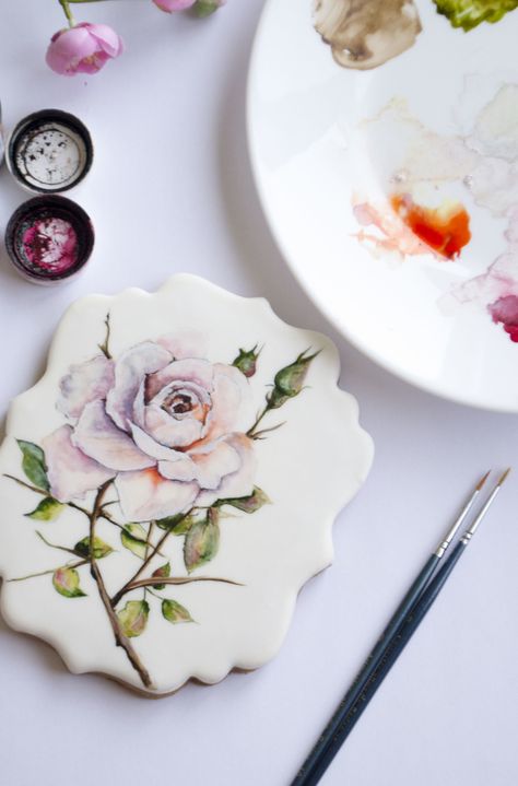 Rose Painted Sugar Cookies, Watercolor Cookies, Flower Sugar Cookies, Hand Painted Cookies, Sugar Cookie Cakes, Rose Cookies, Wood Cookies, Paint Cookies, Cookie Connection