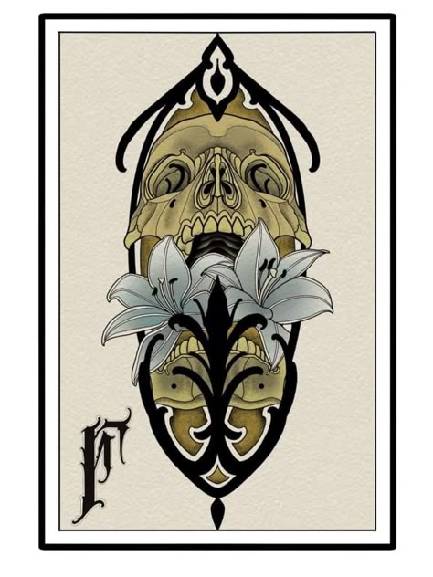 Neo Nouveau Tattoo, Skull And Lily Tattoo, Tattoo Flash Color, Neo Traditional Skeleton, Neo Traditional Art Black And Grey, Neo Traditional Tattoo Art, Neo Traditional Tarot Card Tattoo, Neo Traditional Tattoos Spooky, Art Nouveau Skull