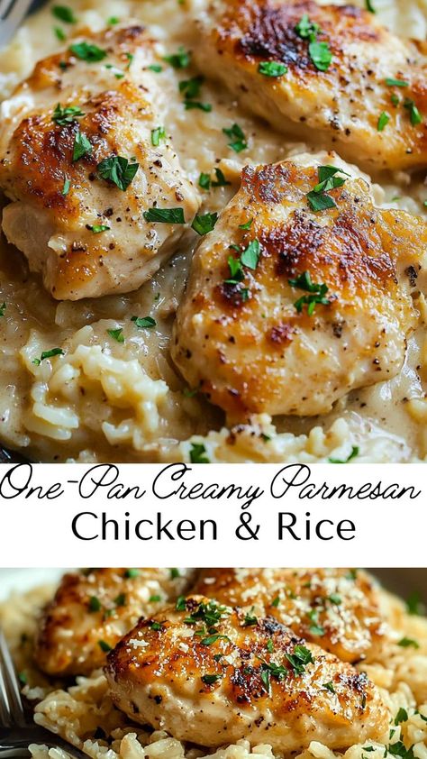 Enjoy the ultimate comfort food with One-Pan Creamy Parmesan Chicken & Rice. This fall recipe brings together savory chicken, rich parmesan sauce, and perfectly cooked rice in a single pan. It’s an easy, satisfying dinner option for the chilly months, offering warmth and flavor with every bite. Easy Good Chicken Recipes, Eat Chicken Dinner, Chicken And Rice Recipes With Cream Of Chicken, Throw Together Chicken Dinner, Chicken And Rice Recipes Cream Of Mushroom, Chicken Rice Stovetop, Main Dish With Rice, Easy 30 Minute Chicken Recipes, Half And Half Chicken Recipes