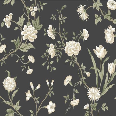 A traditional floral wallpaper with a black background. Master Wallpaper, Transitional Wallpaper, Wallpaper Warehouse, Dark Florals, Wallpaper Textured, Floral Wallpapers, Wallpaper Stores, York Wallpaper, Powder Room Design