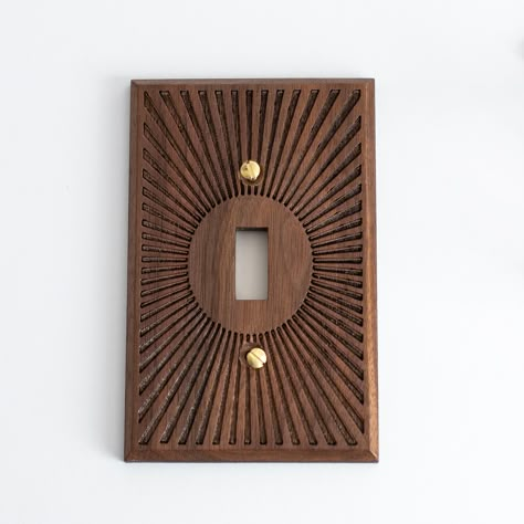 Walnut Sunburst light switch plates inspired by classic midcentury design and aesthetic Wall Art Natural, Outlet Plates, Mid Century Modern Walls, Light Switches, Light Switch Plate, Light Switch Plate Cover, Rocker Style, Outlet Cover, Modern Fan