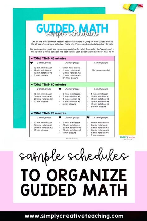 Learn how to organize your guided math schedule. These teaching tips will help you organize your time and small group rotations. Get sample schedules for 45 minute, 60 minute, and 75 minute blocks. These schedules will help you teach guided math in first, second, and 3rd grade. Plus, get tips to set up your centers and groups for success! As a bonus, get a FREE scheduling cheat sheet to use today! Learn more here! Math Schedule, Small Group Math Instruction, Block Schedule, Small Group Math, Math Rotations, Block Scheduling, Math Blocks, Math Groups, Math Intervention