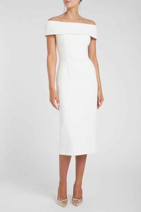 Rebecca Vallance - Amore Off Shoulder Midi Ivory Formal Midi Dresses, Convertible Wedding Dresses, Simple Lace Wedding Dress, Off Shoulder Midi Dress, Minimal Wedding Dress, Bridesmaid Dress Collection, Bridal Tops, Midi Dress Formal, Rebecca Vallance