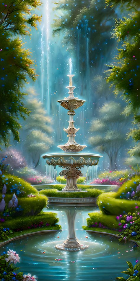 Dream Art Surrealism Fantasy Imagination, Garden Oasis Ideas, Magical Fountain, Magic Places Fantasy Dreams, Zepeto House Background, Ethereal Garden, Fairy Fountain, Water Fountain Design, Magic Fountain