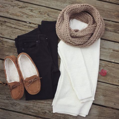 Cozy Neutral Thanksgiving Outfit - Cream Sweater, Black Jeggings, Crocheted Infinity Scarf, Moccasin Slippers Moccasin Slippers Outfit, Long Cozy Cream Sweater, Cute Walmart Outfits, Cozy White Scarf For Fall, Slippers Outfit Casual, Moccasin Outfit, Cozy Beige Scarves One Size, Cream One-size Scarves For Winter, Thanksgiving Outfit Women Casual