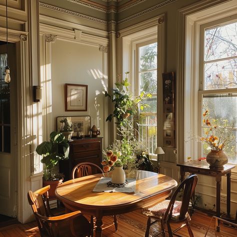 Cozy cottagecore dining area Cottagecore Dining Chairs, Cozy House Aesthetic Vintage, Cottagecore Aesthetic Modern, Dining Room Old House, Small Apartment Dining Area Ideas, Indie Dining Room, Dining Table Against Window, Nancy Myers Dining Room, Cozy Dinning Room Aesthetic