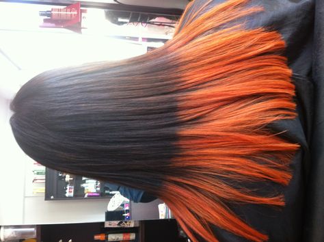 Orange dipdye hair Dip Dye Black Hair, Dipped Hair, Hair Fails, Dip Dye Hair, Dye Hair, Long Dark Hair, Nail Essentials, Colour Ideas, Black Neon