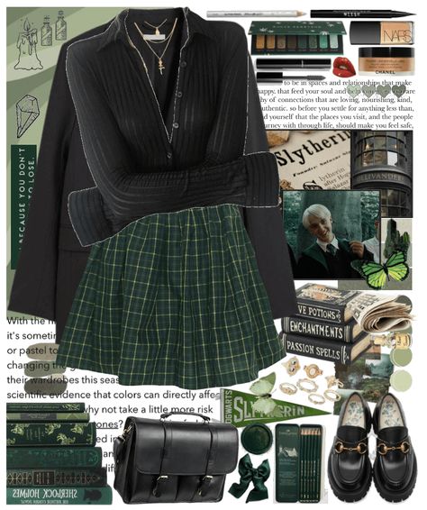 Slytherin Dark Academia Outfits, Deep Green Outfit Aesthetic, Slytherin Academia Outfit, Green And Black Outfits For Women, Green Dark Academia Outfit, Green Peacoat Outfit, Slytherin Outfit Casual, Slytherin Clothes Aesthetic, Slytherin Academia