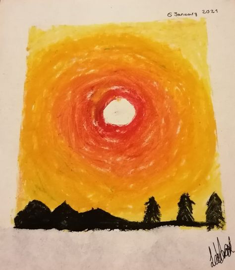 Sun Set Oil Pastel, Sun Oil Pastel, Sunset Oil Pastel, Sunrise Drawing, Sun Drawing, Oil Pastels Painting, Pastel Sunset, Oil Pastel Art, Sun Art