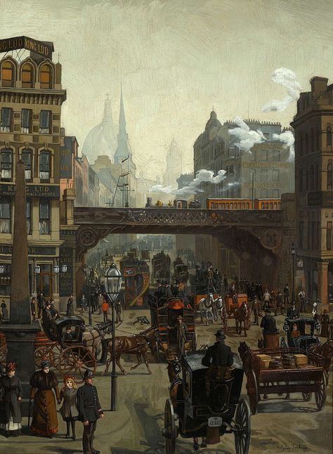 | Wilhem Trübner - Ludgate Hill, London | Wilhelm Trübner (1851 - 1917) was born in Heidelberg, the son of a goldsmith. Historical London, 19th Century London, August Sander, Albert Bierstadt, Victorian Paintings, Victorian Buildings, Victorian London, London History, Auguste Rodin