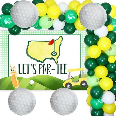 PRICES MAY VARY. Golf Themed Birthday Party: The package come with 50 latex balloons 12 inches (15 fruit yellow, 15 dark green, 20 golf theme printed); 14 latex balloons 5 inches (7 fruit yellow, 7 dark green); 4 golf foil balloons 18 inches; 1 3 x 5ft backdrop; 1 balloon tape strip; 1 roll of adhesive dot; 2 white ribbon. Exquisite Backdrop: Lets Partee backdrop special designed for golf theme birthday party, with silhouette of golf course characterize, bright and colourful design, simulation p Golf First Birthday, Adult Birthday Decorations, Golf Theme Party, Golf Party Decorations, Party Decorations Kids, Golf Birthday Party, Masters Golf, Golf Event, Golf Theme